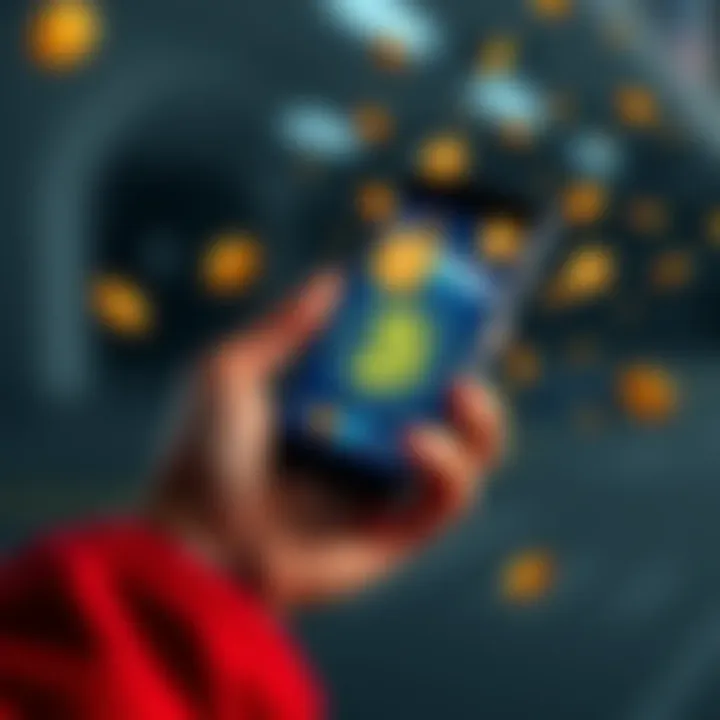 A person holding a smartphone showing a Bitcoin wallet, with digital coins floating around, representing online payments using Bitcoin.