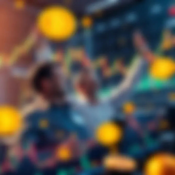Traders celebrating the legalization of Bitcoin perpetual contracts in the US, with charts and Bitcoin symbols in the background