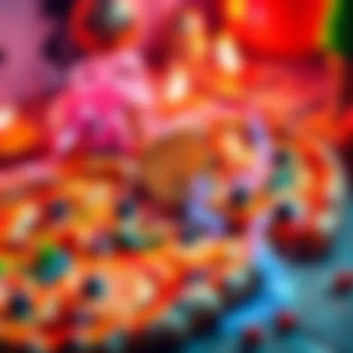 Colorful artwork celebrating Bitcoin Pizza Day, featuring pizzas and Bitcoin symbols, with festive details and vibrant colors.