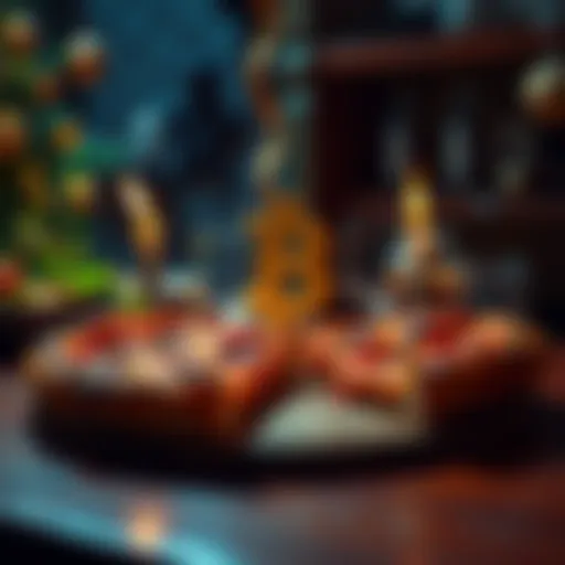 A festive scene with two pizzas and a Bitcoin symbol, celebrating Bitcoin Pizza Day