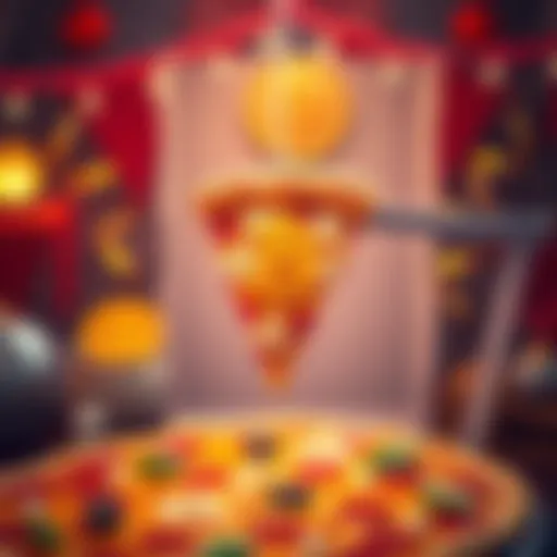 A festive scene with a pizza slice and Bitcoin symbols celebrating Bitcoin Pizza Day.