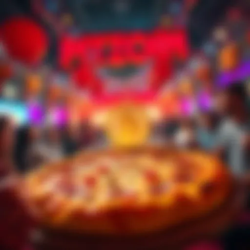 A pizza with Bitcoin symbol on it, surrounded by festive decorations and people enjoying the event.