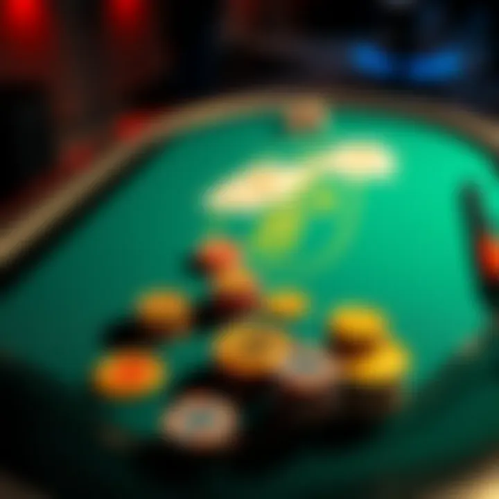 A poker table with chips, cards, and Bitcoin symbols.