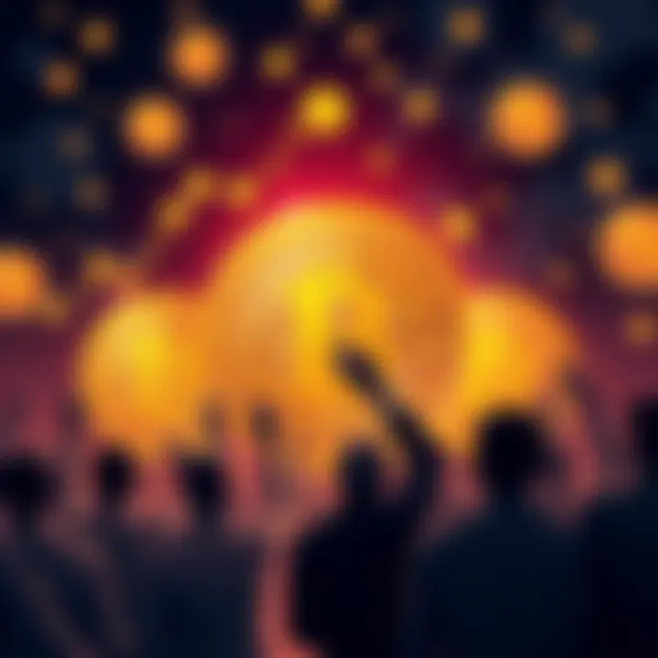 An artistic representation of Bitcoin symbols with people in the background expressing mixed emotions about its value.