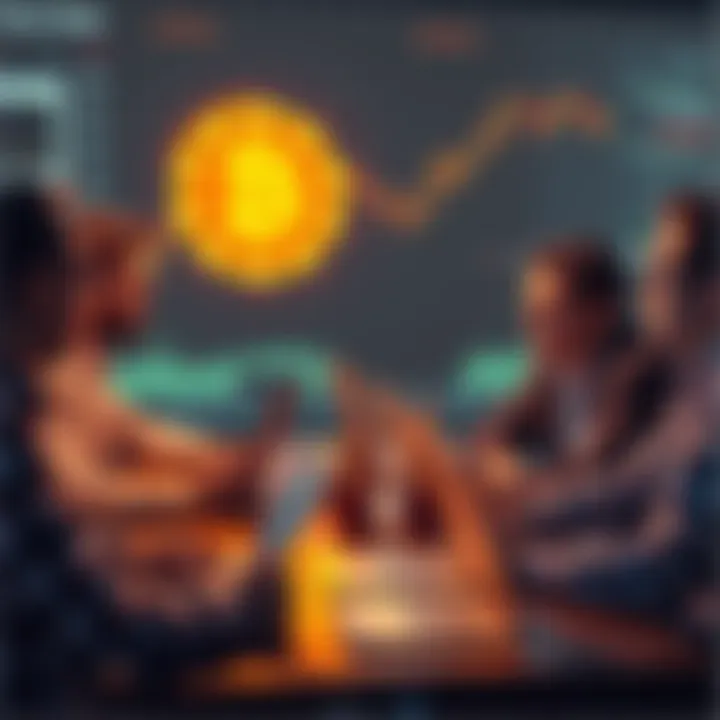 A group of people engaging in a discussion about Bitcoin's future value and predictions, with laptops and charts in front of them.