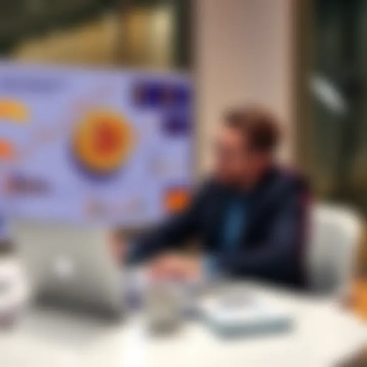 A man preparing a presentation about Bitcoin with charts and graphs, sitting at a table with a laptop and notes