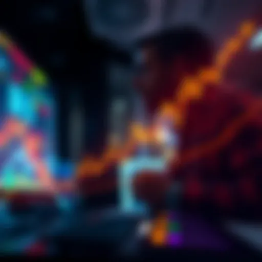 A line graph showing the upward trend of Bitcoin prices with retail investors in the background analyzing data.