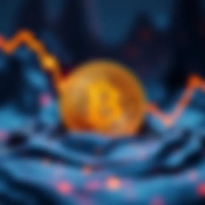 Bitcoin symbol with a downward trend line indicating a price dip before a surge.