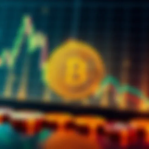 A graph showing a downward trend in Bitcoin prices with a digital coin image