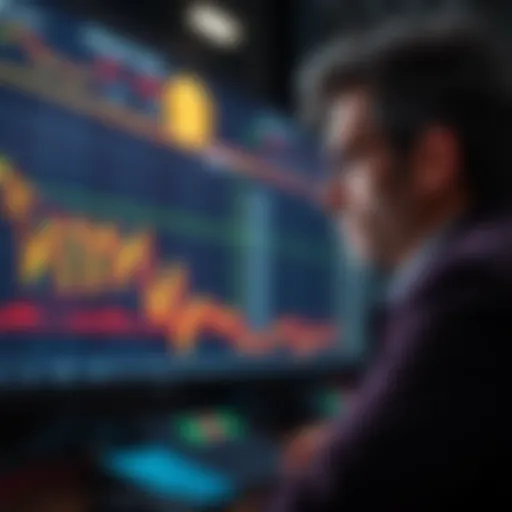 A graph showing a decline in Bitcoin prices with a concerned investor looking at the screen