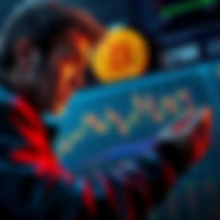 A worried investor looking at a graph showing Bitcoin's drop from $80,000 to $69,000, contemplating whether to sell or hold their investment