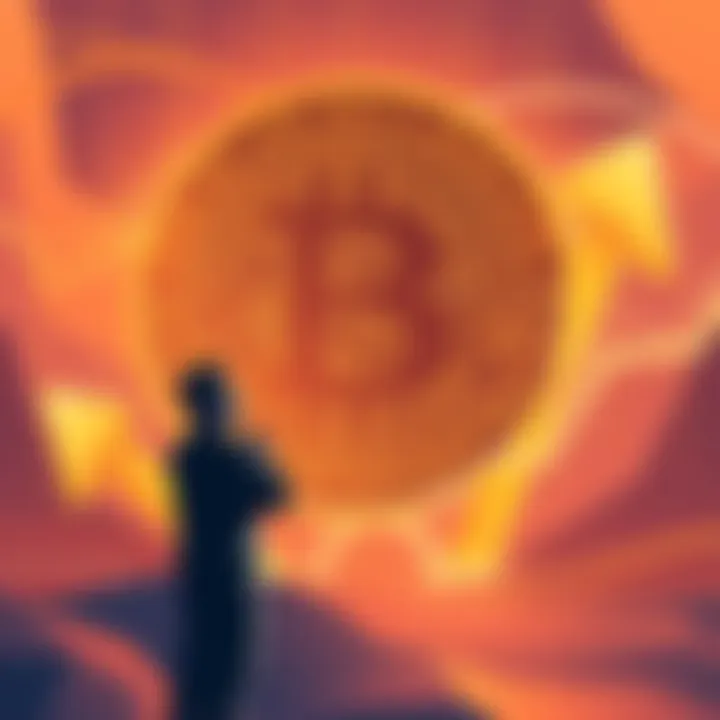 Illustration showing Bitcoin symbol with downward trend arrows and a person considering a short bet strategy in the background.