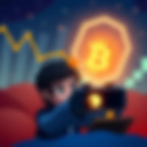 A graphic showing a Bitcoin symbol falling with a downward trend line, while a gamer plays Minecraft in the background