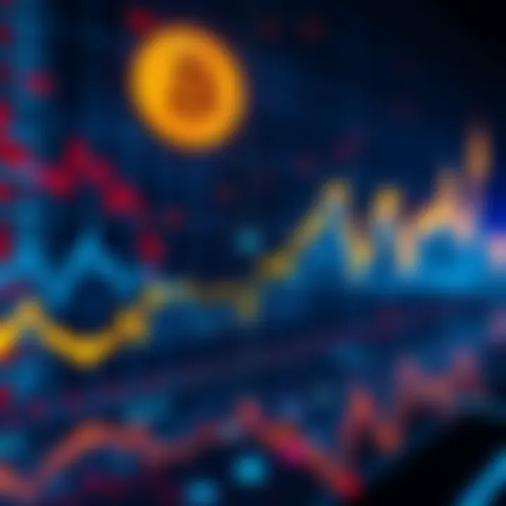 A graph showing Bitcoin's price rising and falling, with a line graph illustrating volatility.