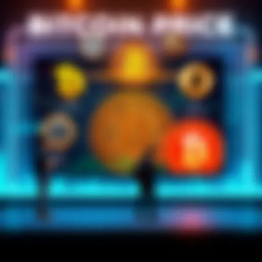 A visual representation showing various factors influencing Bitcoin's price, including market trends and people trading on online platforms.