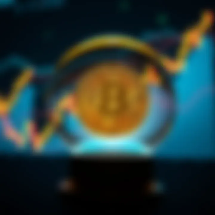 A crystal ball showing Bitcoin symbol with a rising trend on a graph in the background