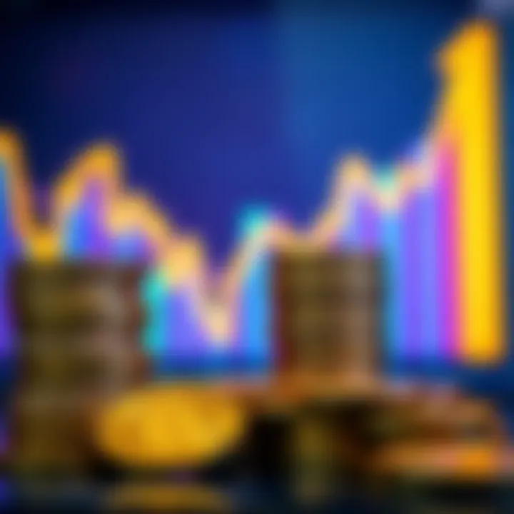Bitcoin coins stacked with a graph showing upward trend in the background