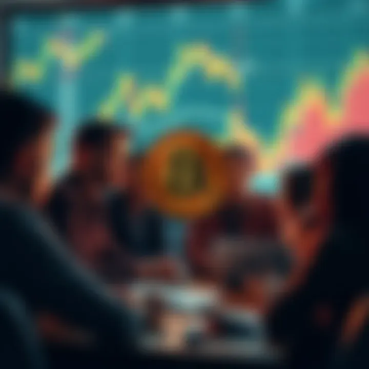 Bitcoin Price Speculation A group of people discussing Bitcoin investment predictions with charts and graphs in the background.