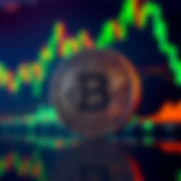 Bitcoin symbol in front of a chart showing flat price movement around $64K