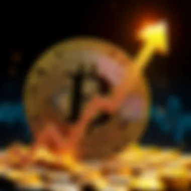 Bitcoin symbol with an upward arrow, indicating a price increase to 72,000