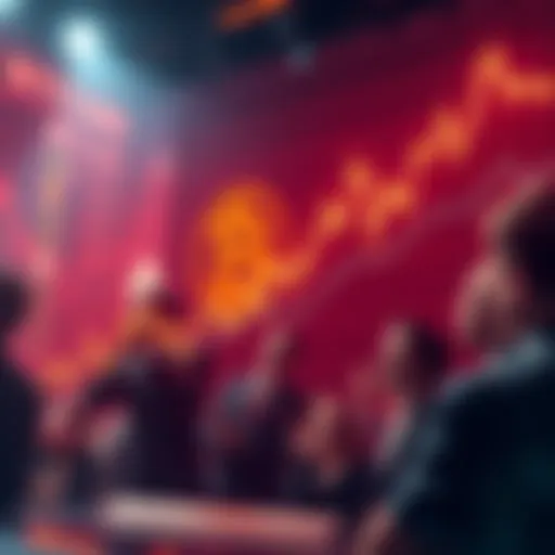 Bitcoin price chart showing a sharp increase after Jim Cramer's comments, with enthusiastic investors depicted in the background.