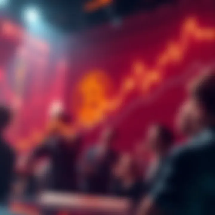 Bitcoin Price Surge Bitcoin price chart showing a sharp increase after Jim Cramer's comments, with enthusiastic investors depicted in the background.