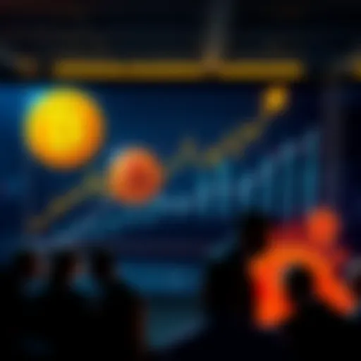 A graph showing the fluctuating price of Bitcoin alongside symbols of institutional investment, with a backdrop of people discussing cryptocurrency trends.