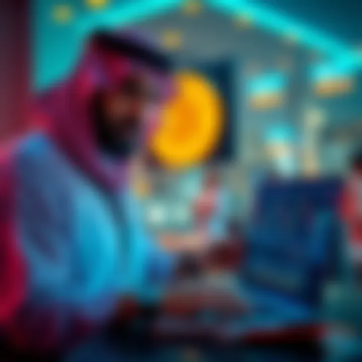 A man in Riyadh considering Bitcoin investment options with charts and graphs on a laptop screen