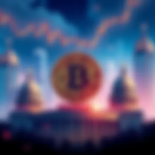 An illustration showing the Bitcoin symbol with financial graphs and institutional buildings in the background, signifying a shift in financial systems.