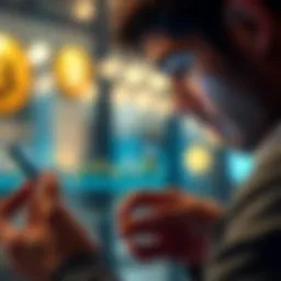 A person with a concerned expression examines a Bitcoin price chart showing a downward trend on their smartphone.