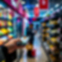 A person making a payment with Bitcoin at a retail store, with a smartphone displaying a Bitcoin wallet app.