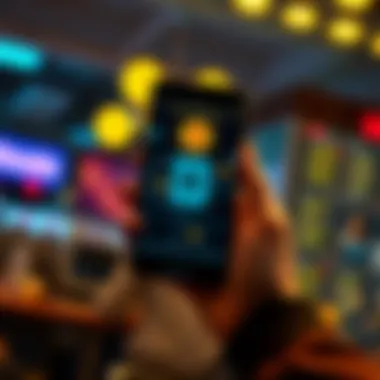 A person holding a smartphone displaying a Bitcoin wallet with currency symbols around it