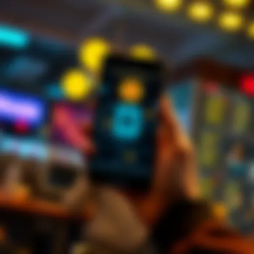 A person holding a smartphone displaying a Bitcoin wallet with currency symbols around it