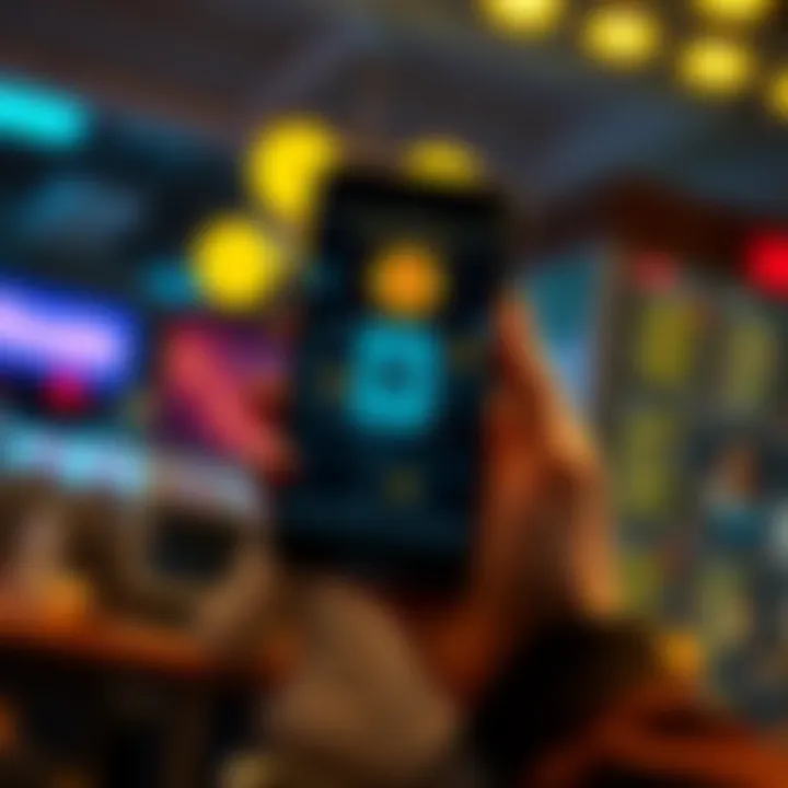 A person holding a smartphone displaying a Bitcoin wallet with currency symbols around it