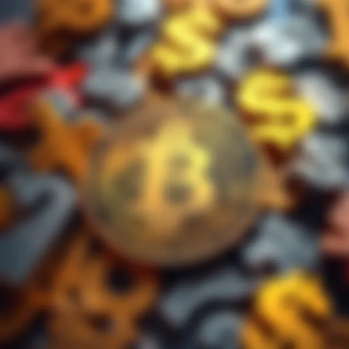 A Bitcoin symbol surrounded by various currency symbols representing global debt and financial uncertainty.