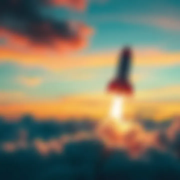 A rocket representing Bitcoin launching into space symbolizing its price ascent, with a vibrant sky and clouds in the background.