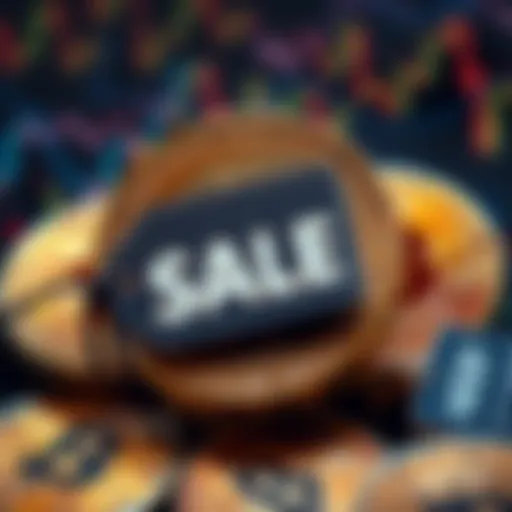 A visual representation of Bitcoin symbols with a sale tag, illustrating market opportunity during downturns.