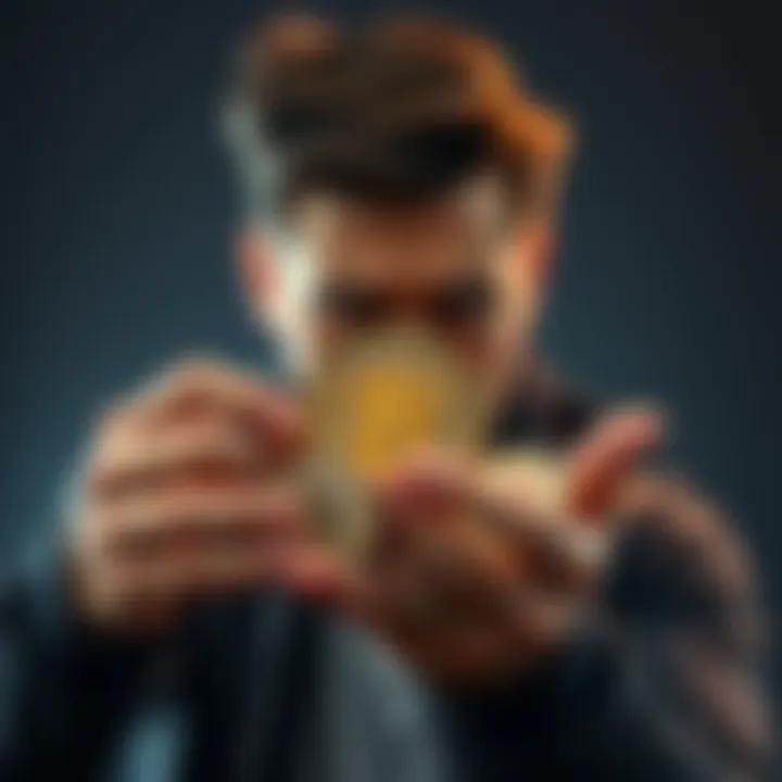 A person holding Bitcoin coins with a worried expression, representing the risks of using Bitcoin for loans.