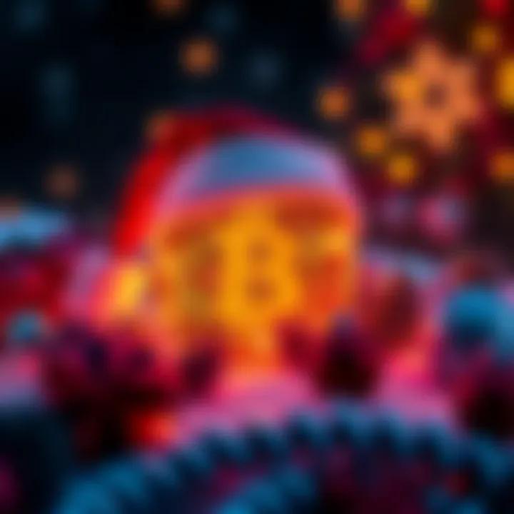 A Bitcoin symbol with a Santa hat, surrounded by festive decorations, indicating a potential year-end price rise.