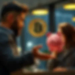 A person explaining Bitcoin to another person who is holding a piggy bank, showing the contrast between cryptocurrency and traditional savings methods