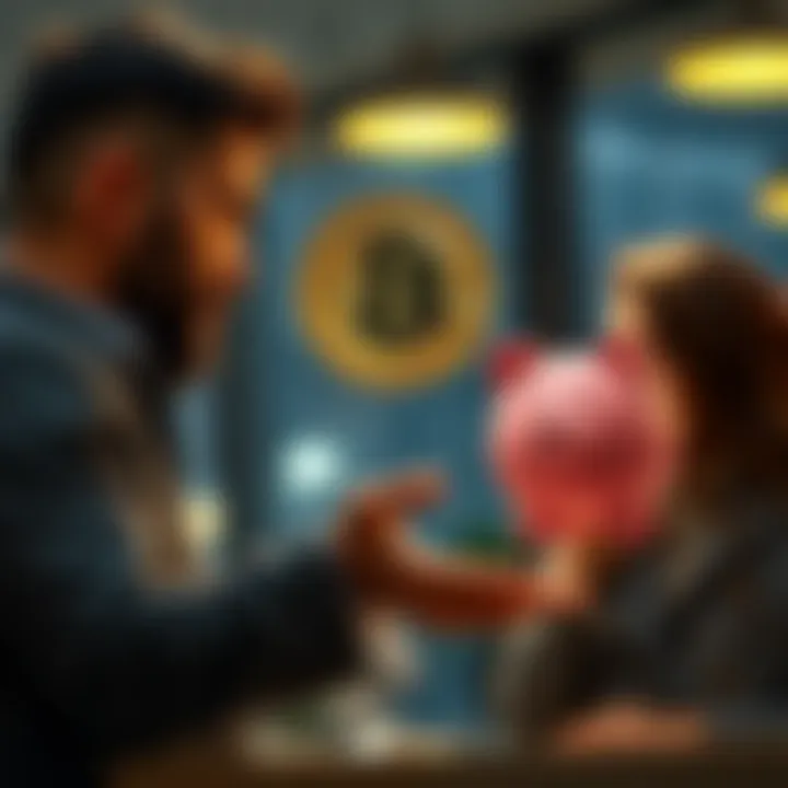 A person explaining Bitcoin to another person who is holding a piggy bank, showing the contrast between cryptocurrency and traditional savings methods
