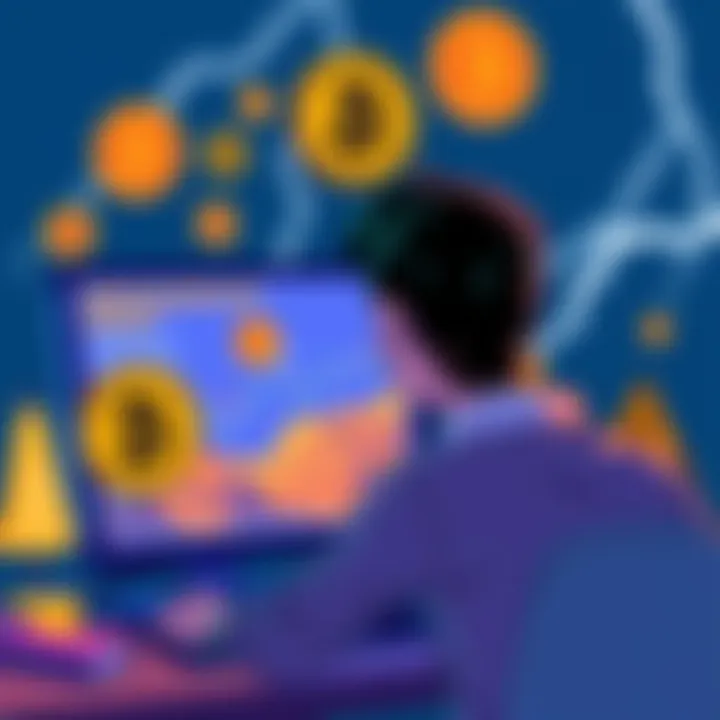 Illustration showing a person looking at a computer screen with Bitcoin symbols and warning signs related to scams, highlighting the use of Lightning Network for payments