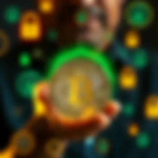 A person holding a physical Bitcoin coin while surrounded by digital security icons, symbolizing control over their finances.