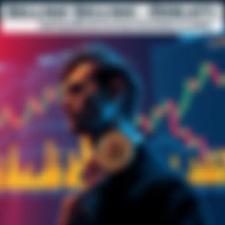 A person contemplating selling Bitcoin with graphs and charts in the background, showing market trends and prices.