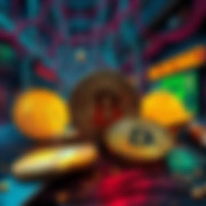 A digital illustration showing Bitcoin coins with a backdrop of the Silk Road marketplace, symbolizing early transactions and illicit trade.