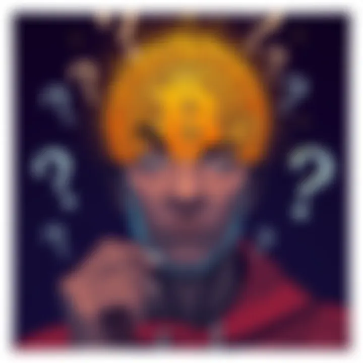An illustration depicting a person looking at a Bitcoin symbol with a skeptical expression, surrounded by question marks.