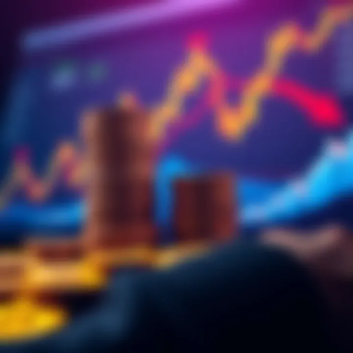 A person stacking Bitcoin coins while looking at a chart showing growth, symbolizing wealth accumulation.