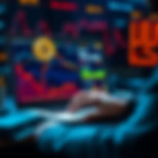 A person analyzing Bitcoin trends on a laptop with charts and graphs displayed