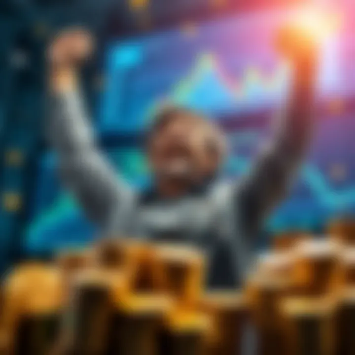 Bitcoin Success Story A man celebrating a financial success with Bitcoin, surrounded by stacks of coins and a digital screen showing rising charts.