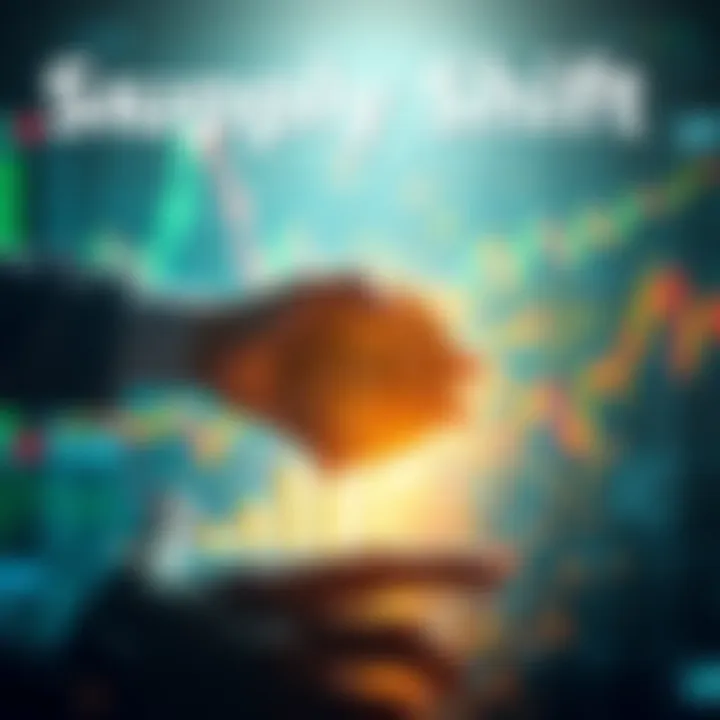 A visual representation of Bitcoin transactions changing hands, symbolizing over 8% of its supply in a week, with market graphs and indicators in the background.